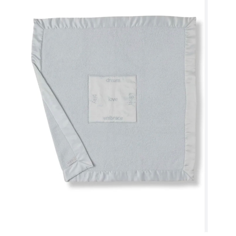 Barefoot Dreams CozyChic Baby Blanket Blue Satin Trim Dream Play Love Laugh